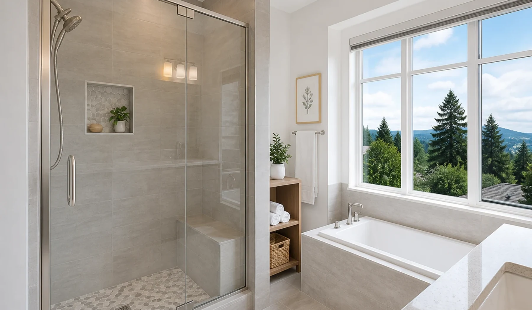 Clear restored shower glass in a Greater Vancouver bathroom