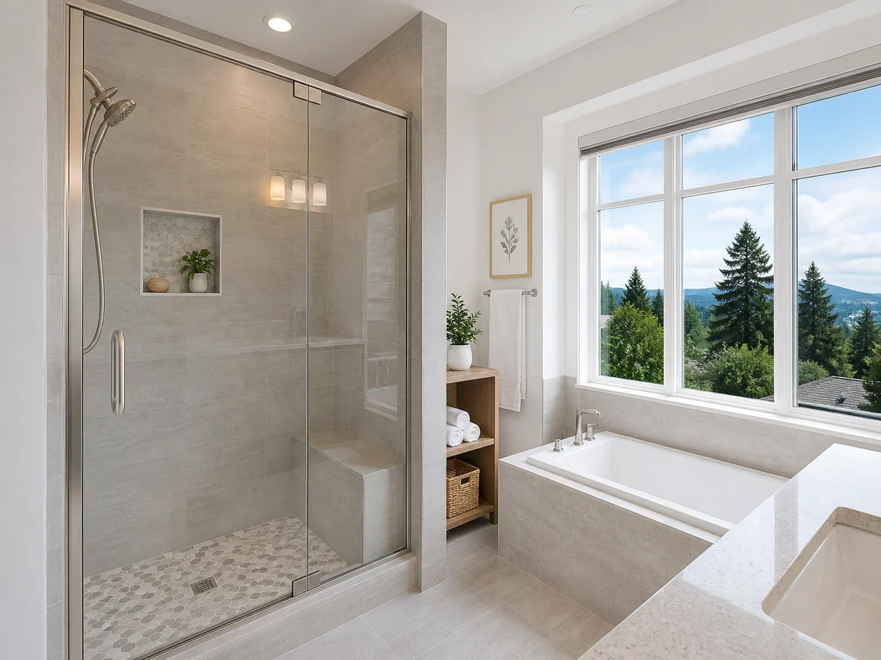 After: Wide-panel shower glass before and after restoration in Greater Vancouver