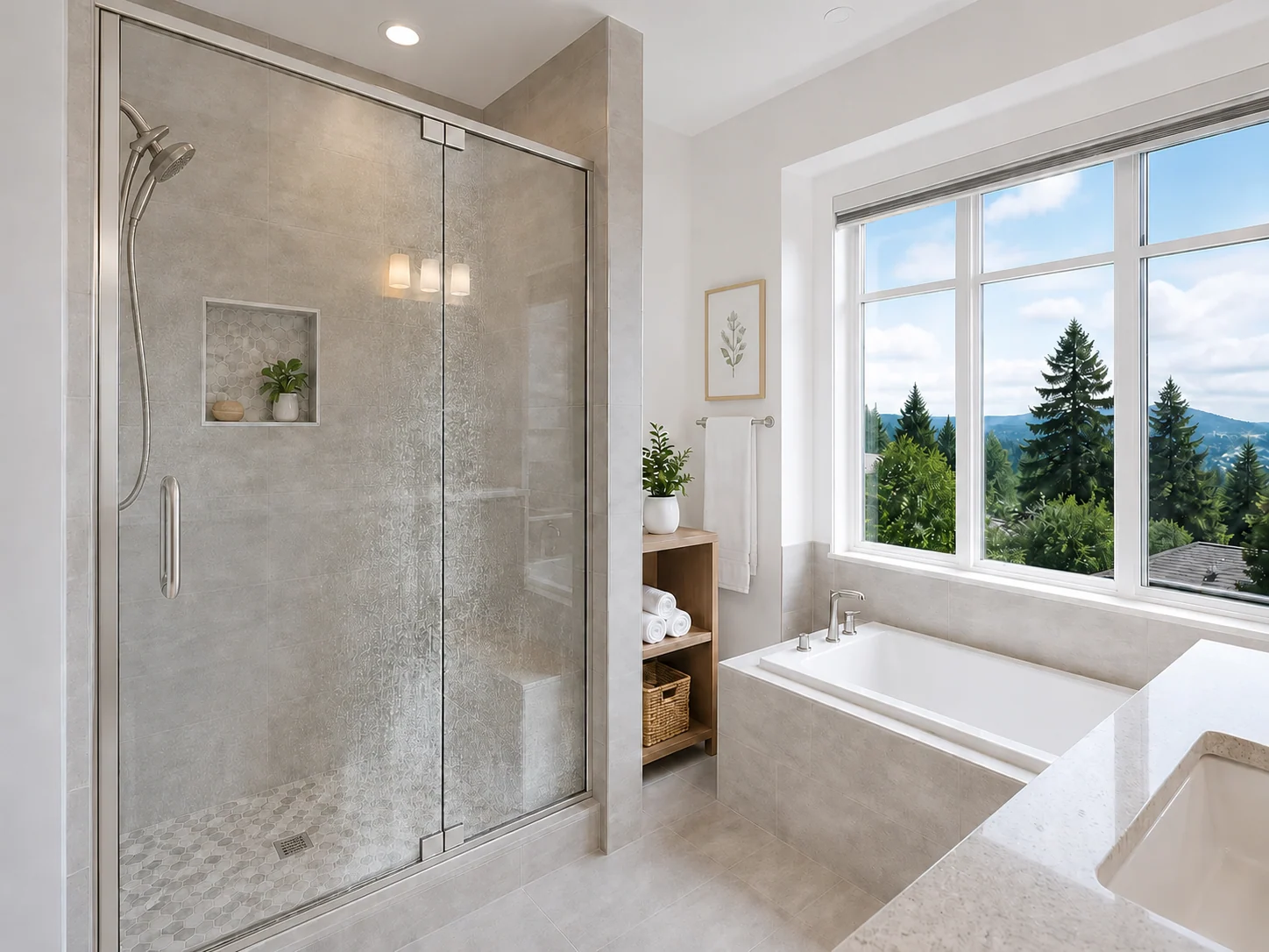 Before: Wide-panel shower glass before and after restoration in Greater Vancouver